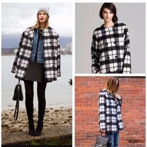 French Connection Check Bunny Coat Black / Cream 6 Anthropologie Revolve